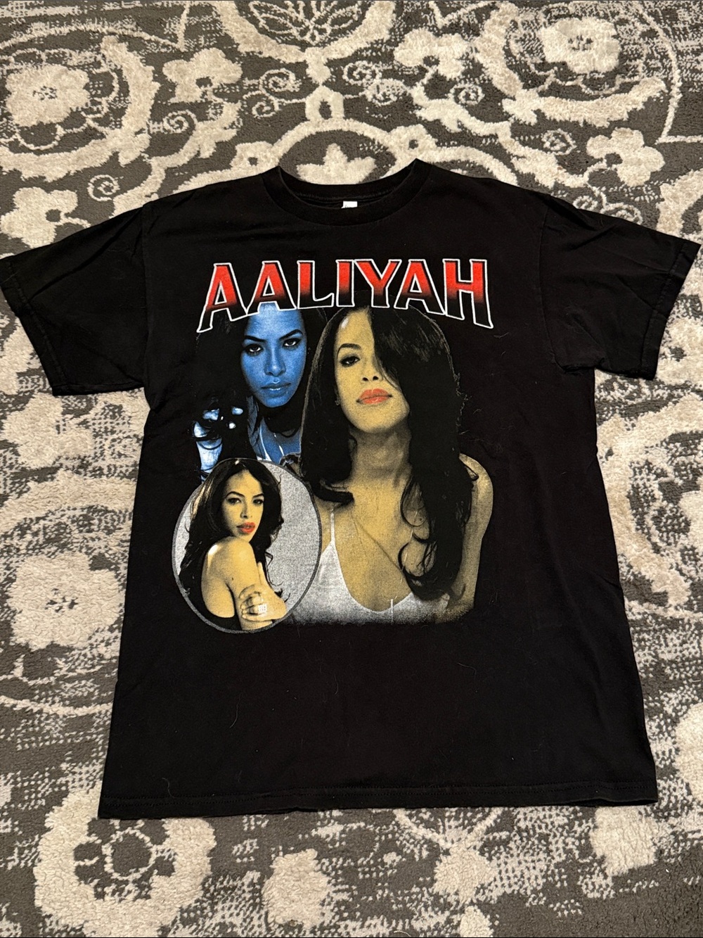 Aaliyah Black Short Sleeve Graphic Tee with Red Logo